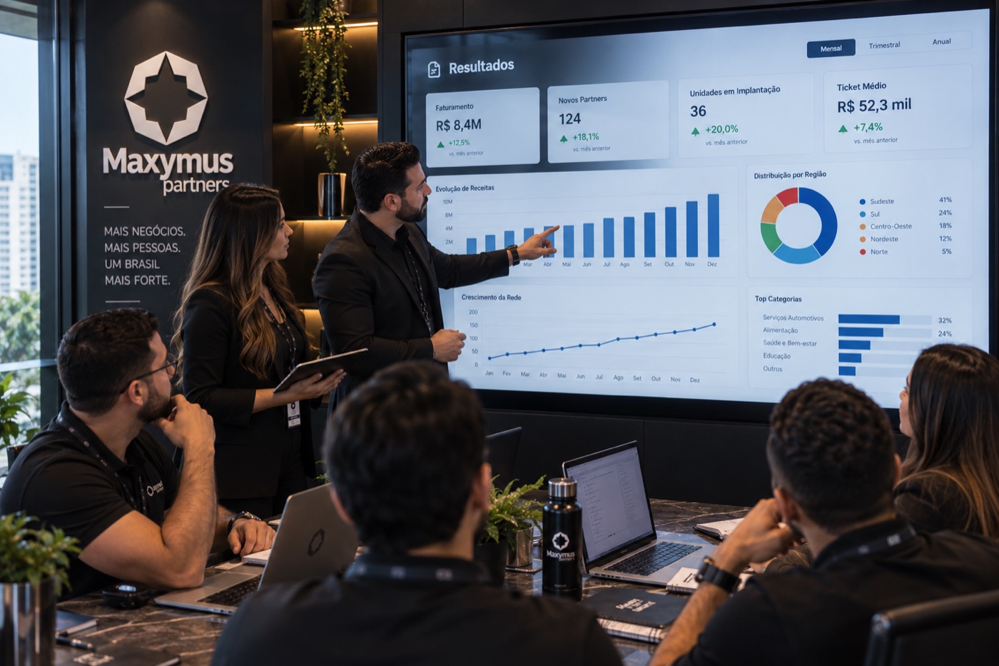 Workshop de formatação: equipe Maxymus analisando números do modelo em tela